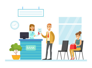 Bank Manager Consulting Customer in Office, Bank Interior with Counter Desk, Employee and Clients, Bank Service Cartoon Vector Illustration