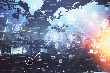 Multi exposure of social network theme drawing and cityscape background. Concept of people connecton.