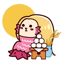 お月見をするアマビエ　ピンク