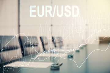 EURO USD forex graph sketch on a modern boardroom background, strategy and forecast concept. Multiexposure