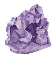 Amethyst mineral watercolor drawing isolated on white. A precious stone. Art creative purple object for sticker, postcard, packaging, background wallpaper