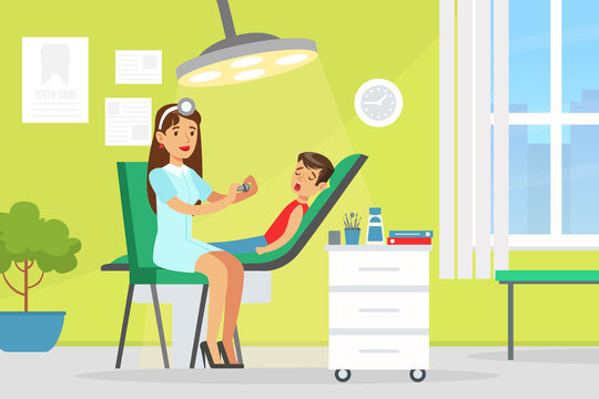 Pediatric Dentist Examining and Treating Boy Tooth, Doctor Woman Doing Medical Examination of Kid, Medical Service Concept Vector Illustration