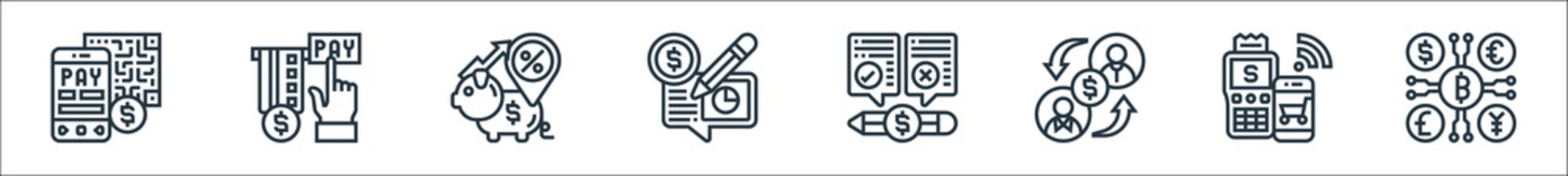 payment element line icons. linear set. quality vector line set such as cryptocurrency, cashless payment, lending, pros and cons, payment check, fixed interest rate, method.