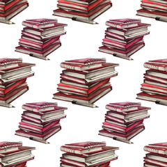 Seamless pattern color pencils hand-drawn stack of old brown books and notebook on white background. Back to school. Art creative object for sticker, card, wallpaper, wrapping