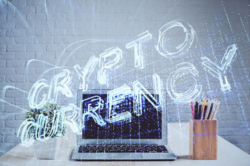 Double exposure of blockchain and crypto economy theme hologram and table with computer background. Concept of bitcoin cryptocurrency.