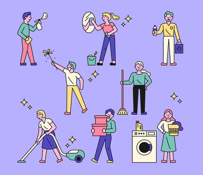 People cleaning with various cleaning tools.