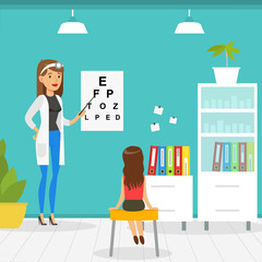Optometrist Checking Girl Eyesight with Test Chart in Office, Doctor Woman Doing Medical Examination of Kid, Medical Service Concept Vector Illustration