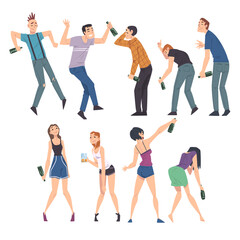 Drunk People Set, Men and Women with Alcohol Drinks in their Hands, Drunken Man Walking Tipsy Screwed, Drunkenness, Bad Habit Concept Cartoon Style Vector Illustration