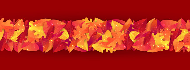Autumn leaves banner or header. Fall background. Red and orange foliage. Thanksgiving season holiday concept. Realistic 3d vector illustration.