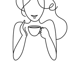 Woman with a cup of coffee. Linear portrait. 
