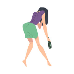 Back View of Woman with Alcohol Drink Bottle in her Hands, Drunkenness, Bad Habit Concept Cartoon Style Vector Illustration