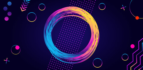 Abstract background in modern futuristic style with a bright neon ring. Frame of glowing circle and rainbow geometric shape. Dark background for your banners and projects.