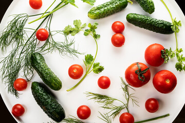 Fresh cucumbers and tomatoes with herbs with water drops.