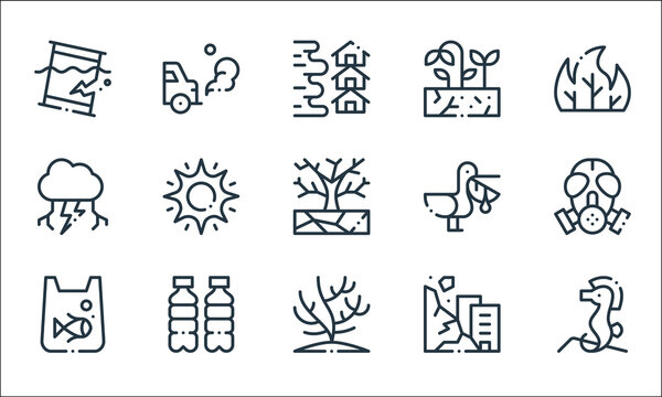 Climate Change Line Icons. Linear Set. Quality Vector Line Set Such As Sea Horse, Coral, Pollution, Landslide, Plastic, Thunderstorm, Pelican, Drought, Car.