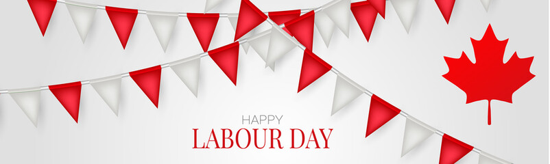 Canada Labour Day banner or header. Canadian red and white bunting flag background. National workers holiday concept. Vector illustration.