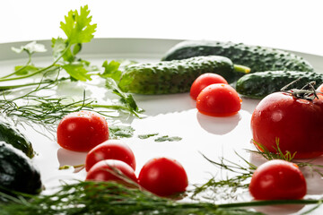 Fresh cucumbers and tomatoes with herbs with water drops.