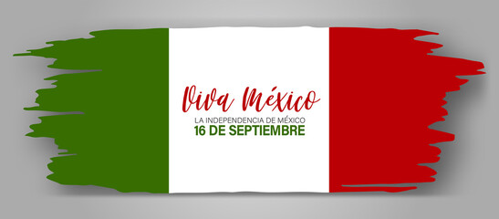 Independence Day banner. Viva Mexico. 16 September national holiday. Grunge shape. Green, white, and red waving Mexican flag. Vector illustration.