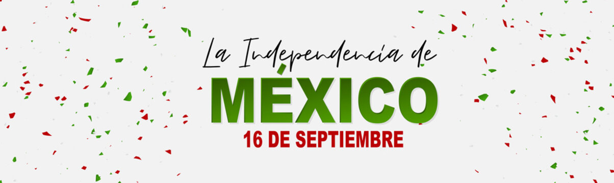 Mexico Independence Day simple banner or header. 16 September Mexican national holiday. Green, white, and red confetti. Vector illustration.