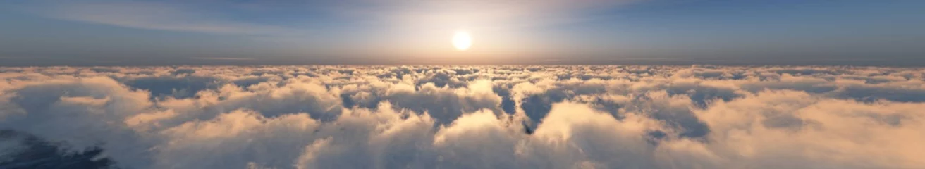 Fototapeten Beautiful panorama of clouds at sunrise, sunset above the clouds, among the clouds, 3D rendering © ustas