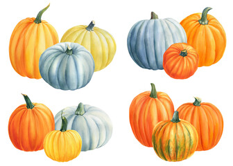 Autumn harvest. Set of pumpkins on isolated white background, watercolor illustration, clipart