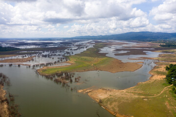 Aerial view of nature showing the tropical forest in Laos.