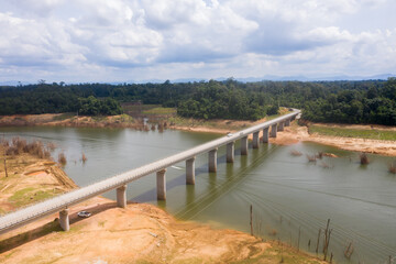 arial view of bridge construction across namtheun river in Khammuan province, Lao pdr. 