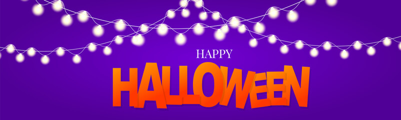 Halloween banner or header. Purple background with hanging garland lights. Vector illustration with lettering text.