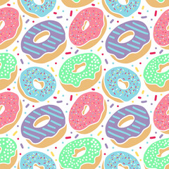 colorful delicious donuts with any topping repetition seamless pattern isolated in white background