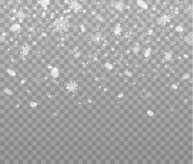 Winter snowfall. Realistic falling snowflakes. Vector heavy snowfall, snowflakes of different shapes