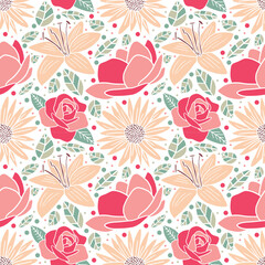 Naklejka premium beautiful flower blossom rose and daisy seamless pattern isolated in white background