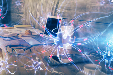 Desktop computer background and neuron drawing. Double exposure. Education concept.
