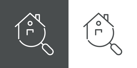 Concepto buscar casa en agencia inmobiliaria. Icono plano lineal casa con lupa en fondo gris y fondo blanco © teracreonte