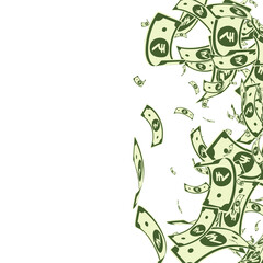 Indian rupee notes falling. Messy INR bills on whi