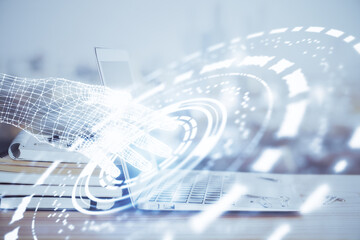 Double exposure of computer and technology theme hud. Concept of innovation.