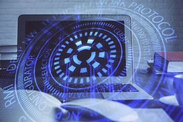 Multi exposure of computer on background and technology theme drawing. Concept of innovation.