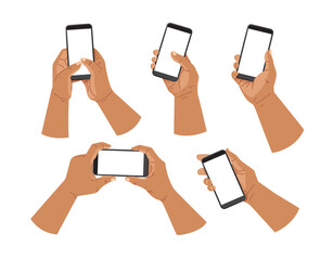 Cartoon hands and mobile phone. Hand of man holding phone and touch phone, business concept, flat design White background