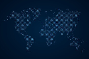 Fototapeta premium Niebieska kropkowana mapa świata. Tło technologii. Streszczenie cyfrowe kropki. Globalny punkt mapy świata. Koło kuli ziemskiej. Kontynenty na całym świecie. Sylwetka planety okrągłe. Kontynent dla projektów podróżniczych. Wektor