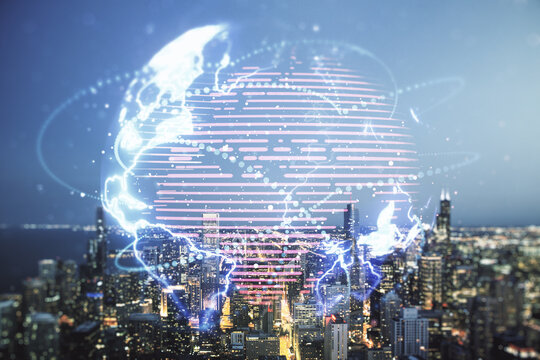 Double exposure of abstract digital world map hologram with connections on Chicago office buildings background, big data and blockchain concept