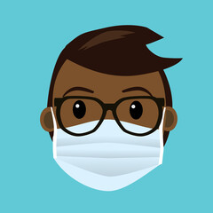 A face with a face mask for protection. It's A mans face with a protective face mask. The man has black and dark skin and is wearing glasses. 