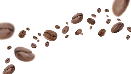 Flying whirl roasted coffee beans in the air studio shot isolated on white background long banner...