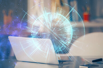 Multi exposure of business theme icons and table with computer background. Concept of success.