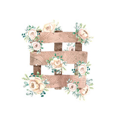 Watercolor illustration. Images of a wooden structure with light flowers and green twigs.
