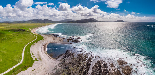 Aerial view of the beautiful coast next to Carrickabraghy Castle - Isle of Doagh, Inishowen, County...