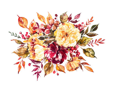 Watercolor Autumn flora. A bouquet of autumn flowers. Roses, peonies, leaves, buds. Vintage wedding bouquet. Watercolor botanical illustration. Sketch. Botanic. Boho