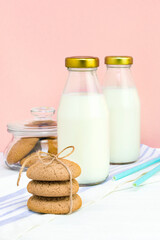 Fresh milk in a glass bottle and oatmeal homemade cookies on a white table with blue straws on a pink wall background, copy space. Two bottles of healthy natural drink and pastries at summer morning.