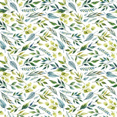 Obraz premium Vintage seamless pattern with green leaves. Greenery. Green leaf collection. Botanical watercolor hand drawn illustration. Vintage flora, green branches