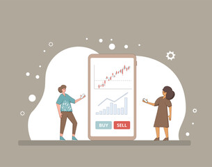 Online trading technology. Invest in the company's bonds. Minor shareholders getting money. Stock market  boom. Growth in equity prices. Tiny people with huge phone. Vector flat color illustration.