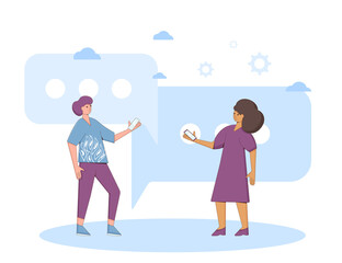 Communication concept. Two friends wearing in casual clothes standing and talking about something. Young man and woman holding phones in their hands. Line art flat vector illustration. 
