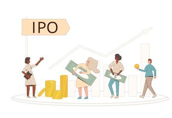 IPO concept. Initial public offering. Stock market. People with graph. Managers giving a presentation. Vector flat illustration.