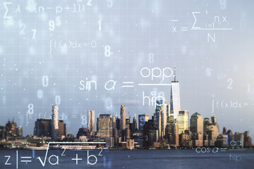 Fototapeta na wymiar Scientific formula hologram on Manhattan cityscape background, research concept. Multiexposure